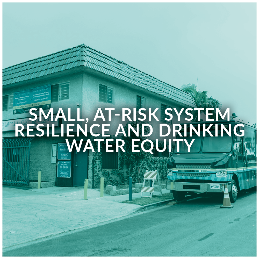 Small, at-risk system resilience and drinking water equity button with a teal hue and a picture of a residence with the following information on the back: ‘Ensuring a consistently high standard of water service for everyone in Los Angeles County by providing regional support for small systems, with focused attention to underserved communities.’ 